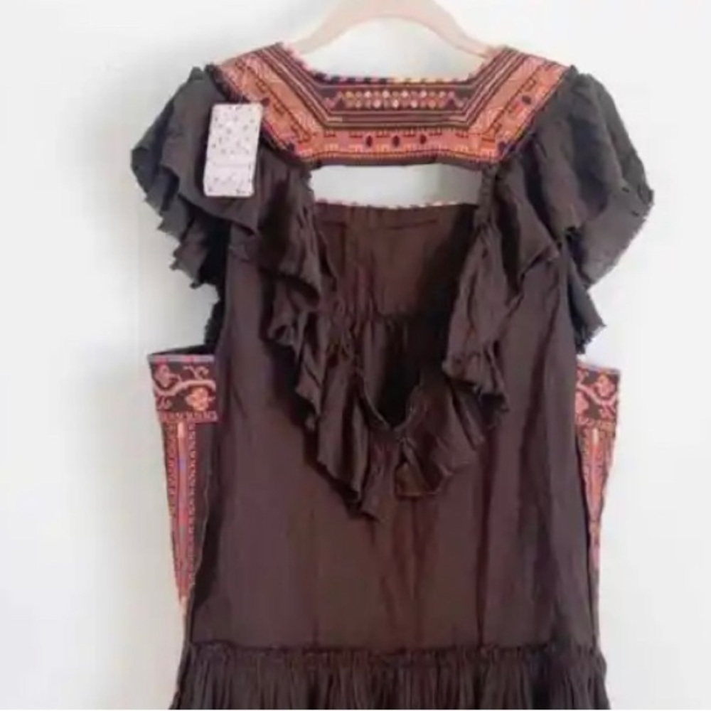 Free People Brown Mini Dress with Coral Embroidered Yoke - Picture 10 of 11